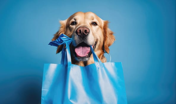 A golden retriever dog is holding a blue shopping bag in its mouth against a blue background. The dog has its tongue sticking out and is looking directly at the camera.