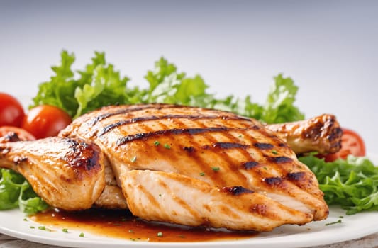 A grilled chicken breast is served on a white plate with a side of lettuce and cherry tomatoes. The chicken has a glazed, caramelized exterior with visible grill marks. The lettuce is fresh and green, while the tomatoes are bright red and plump. The chicken is drizzled with a flavorful sauce.