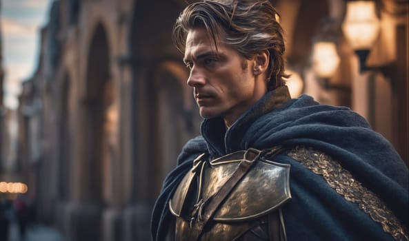 A man with long, brown hair and a beard is wearing a dark blue cloak over metal armor. He is standing in a city street with stone buildings and lights in the background.