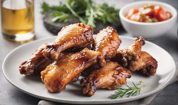 A plate of glazed chicken wings on a white plate, garnished with rosemary, with a side of salsa in the background.