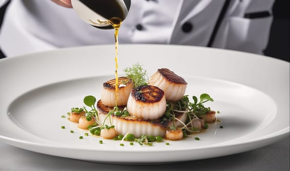 A chef is plating a gourmet dish of seared scallops and microgreens. A sauce is being drizzled over the dish. The scallops are arranged on a bed of microgreens and garnished with more microgreens. The chef is wearing a white chef's coat and a black vest. The plate is white and oval-shaped. The background is blurred.