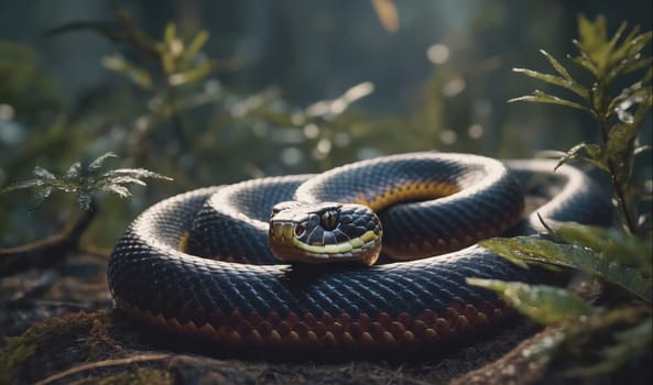 A black snake with a red stripe coils around itself in the forest, blending in with the dark greenery. The snake's head is raised, and its eyes are open, looking directly at the camera. The forest floor is covered in leaves and dirt, and the light shines through the trees, creating a dappled pattern on the snake.