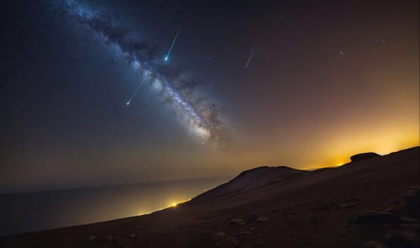 A view of the Milky Way stretching across the night sky above a dark, rocky hillside, with multiple shooting stars visible in the sky. City lights can be seen in the distance, illuminating the horizon.