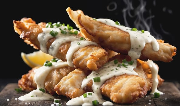 A close-up image of a stack of crispy fish fillets covered in a creamy sauce and garnished with fresh chives. Steam rises from the hot dish.