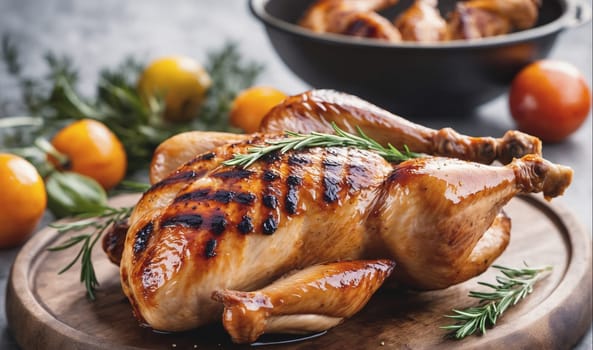 A roasted chicken sits on a wooden cutting board with rosemary sprigs, oranges, and other garnishes. The chicken is glistening from its juices and has a slightly charred appearance from being grilled. The chicken is surrounded by fresh sprigs of rosemary and several oranges, which add a pop of color to the image.