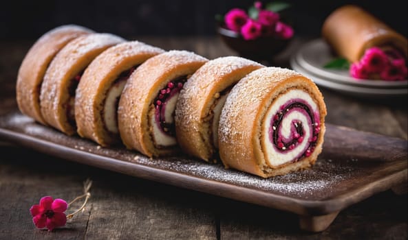 Close-up of a row of sweet rolls with a pink filling and powdered sugar. The rolls are arranged on a dark-colored tray. The tray is on a wooden surface. The rolls have a light brown crust and are filled with a white cream and pink berries. The rolls are dusted with powdered sugar. There is a pink flower on the table in the foreground.