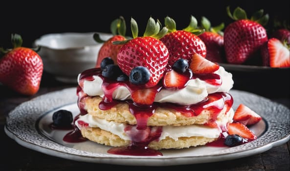 A stack of shortcakes topped with whipped cream and strawberries is arranged on a white plate. The shortcakes are layered with whipped cream and topped with fresh strawberries and blueberries. A red sauce drizzles over the top.