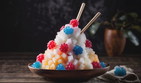A shaved ice dessert is piled high in a brown bowl on a wooden table. The dessert is topped with colorful candies, including red, blue, and yellow candies. There are two wooden sticks sticking out of the top of the dessert. There is a cloth napkin in the foreground and a blurry image of a copper pot in the background.