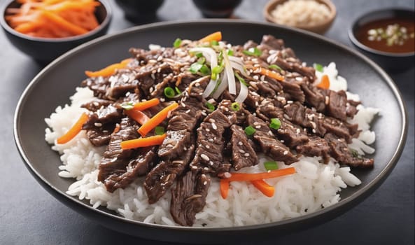 This is a plate of cooked beef and white rice, topped with shredded carrots and sesame seeds. It appears to be a traditional Asian dish.