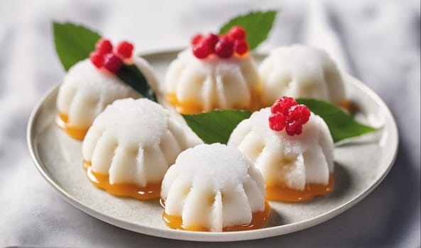 Five small, white, and fluffy desserts with a star-shaped top sit on a white plate. The desserts are topped with small, red berries and have a swirl of orange sauce surrounding the bottom of each one. Green leaves sit beside a couple of the desserts.