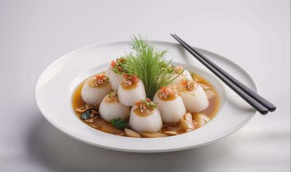 A white plate is filled with steamed dumplings covered in a brown sauce and garnished with greens. The dumplings are arranged in a circle around a small mound of green herbs. A pair of black chopsticks is placed to the right of the plate.