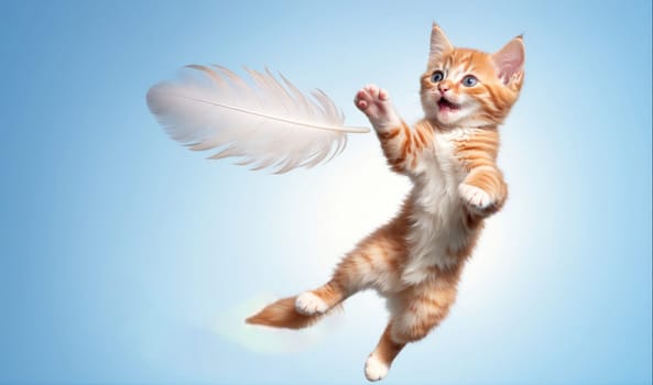 A small orange and white kitten jumps in the air with its paws outstretched as it tries to catch a white feather toy. The background is a light blue sky.