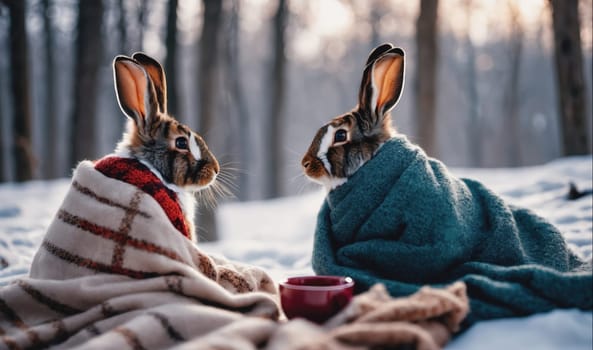 Two rabbits are sitting in the snow, bundled in blankets, and looking at each other. There is a cup of coffee or tea between them. The forest is covered in snow and there are tall, bare trees in the background. The sun is shining through the trees and casting a warm glow on the scene.