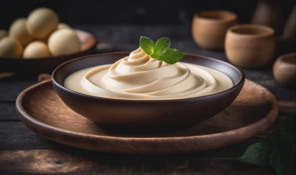 A bowl of whipped cream, topped with a sprig of mint, rests on a wooden plate. The bowl is dark brown with a white rim and the plate is light brown. The background is dark and blurry.