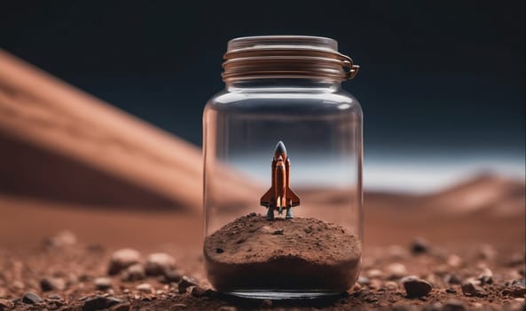 A small, model spaceship is inside a glass jar, surrounded by red sand. The jar is sitting on a Martian landscape with a red sand dune in the background.