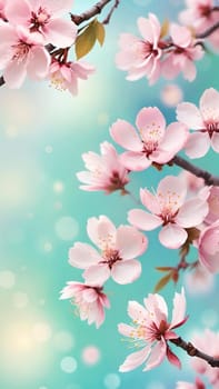 Spring Awakening.Cherry Blossoms in Bloom.A serene stock photo showcasing vibrant pink cherry blossoms against a dreamy turquoise to light blue background. Perfect for depicting spring's rebirth and natural beauty.
