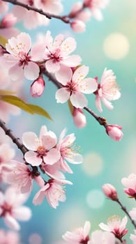 Spring Awakening.Cherry Blossoms in Bloom.A serene stock photo showcasing vibrant pink cherry blossoms against a dreamy turquoise to light blue background. Perfect for depicting spring's rebirth and natural beauty.