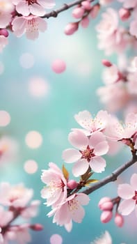 Spring Awakening.Cherry Blossoms in Bloom.A serene stock photo showcasing vibrant pink cherry blossoms against a dreamy turquoise to light blue background. Perfect for depicting spring's rebirth and natural beauty.