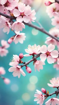 Spring Awakening.Cherry Blossoms in Bloom.A serene stock photo showcasing vibrant pink cherry blossoms against a dreamy turquoise to light blue background. Perfect for depicting spring's rebirth and natural beauty.