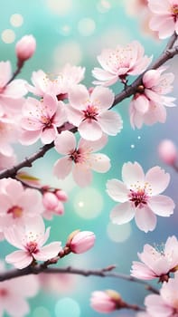 Spring Awakening.Cherry Blossoms in Bloom.A serene stock photo showcasing vibrant pink cherry blossoms against a dreamy turquoise to light blue background. Perfect for depicting spring's rebirth and natural beauty.