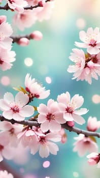 Spring Awakening.Cherry Blossoms in Bloom.A serene stock photo showcasing vibrant pink cherry blossoms against a dreamy turquoise to light blue background. Perfect for depicting spring's rebirth and natural beauty.