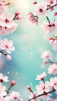 Spring Awakening.Cherry Blossoms in Bloom.A serene stock photo showcasing vibrant pink cherry blossoms against a dreamy turquoise to light blue background. Perfect for depicting spring's rebirth and natural beauty.