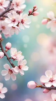 Spring Awakening.Cherry Blossoms in Bloom.A serene stock photo showcasing vibrant pink cherry blossoms against a dreamy turquoise to light blue background. Perfect for depicting spring's rebirth and natural beauty.