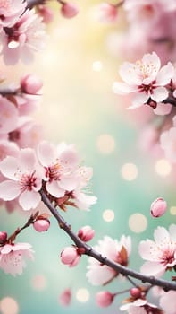 Spring Awakening.Cherry Blossoms in Bloom.A serene stock photo showcasing vibrant pink cherry blossoms against a dreamy turquoise to light blue background. Perfect for depicting spring's rebirth and natural beauty.