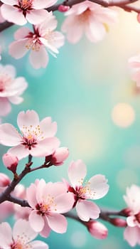 Spring Awakening.Cherry Blossoms in Bloom.A serene stock photo showcasing vibrant pink cherry blossoms against a dreamy turquoise to light blue background. Perfect for depicting spring's rebirth and natural beauty.