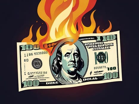 An image of a $100 bill on fire, symbolizing concepts such as inflation, economic crisis, or loss of money. It can be used in financial risks, instability, and loss of value. An image of a bill in flames, representing situations such as currency devaluation, currency wars, or investment losses.
