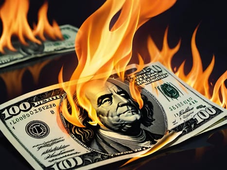 An image of a $100 bill on fire, symbolizing concepts such as inflation, economic crisis, or loss of money. It can be used in financial risks, instability, and loss of value. An image of a bill in flames, representing situations such as currency devaluation, currency wars, or investment losses.