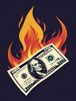 An image of a $100 bill on fire, symbolizing concepts such as inflation, economic crisis, or loss of money. It can be used in financial risks, instability, and loss of value. An image of a bill in flames, representing situations such as currency devaluation, currency wars, or investment losses.