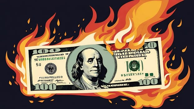 An image of a $100 bill on fire, symbolizing concepts such as inflation, economic crisis, or loss of money. It can be used in financial risks, instability, and loss of value. An image of a bill in flames, representing situations such as currency devaluation, currency wars, or investment losses.