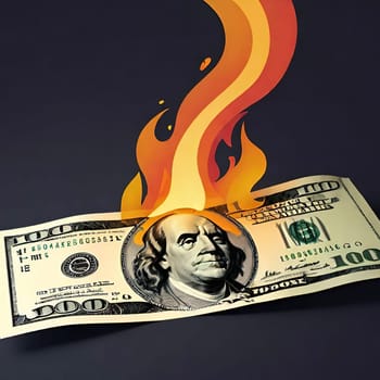 An image of a $100 bill on fire, symbolizing concepts such as inflation, economic crisis, or loss of money. It can be used in financial risks, instability, and loss of value. An image of a bill in flames, representing situations such as currency devaluation, currency wars, or investment losses.