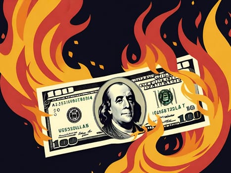 An image of a $100 bill on fire, symbolizing concepts such as inflation, economic crisis, or loss of money. It can be used in financial risks, instability, and loss of value. An image of a bill in flames, representing situations such as currency devaluation, currency wars, or investment losses.