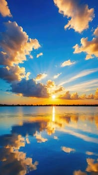 Serene Sunset Reflections.A breathtaking image of a calm body of water reflecting a vibrant sunset. The sky is ablaze with hues of orange, pink, and purple, mirrored perfectly in the still waters below. Wispy clouds drift across the sky, adding depth and texture to the scene. The overall atmosphere is one of peace and tranquility.
