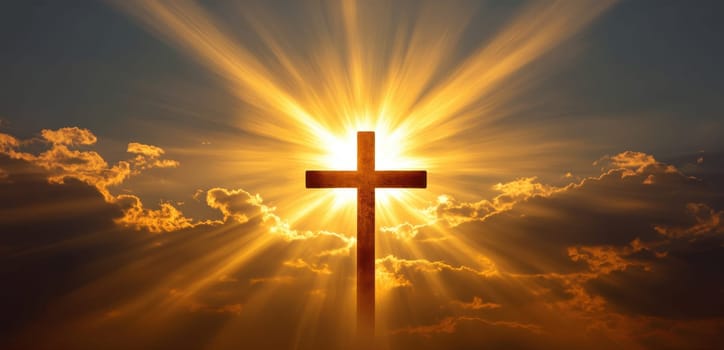 Divine sunrise illuminating a cross, golden sky, spiritual and serene atmosphere.
