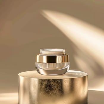 Face cream in a glass jar on a white and gold background. Skin care concept. Backdrop for beauty cosmetic products