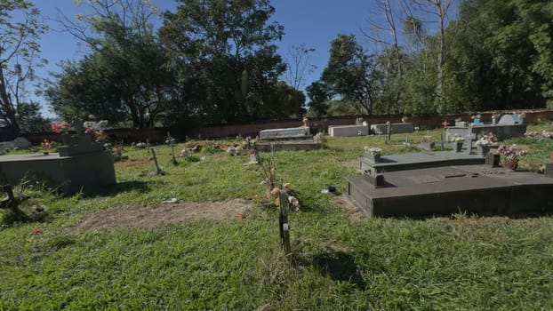A video of a tranquil cemetery walk, featuring tombstones and lush green grass, symbolizing nature and remembrance.