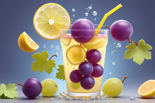 A delightful beverage is beautifully presented with bright lemon slices and fresh purple grapes. The drink sparkles with bubbles, and additional fruit garnishes surround the glass. The vibrant colors create an inviting atmosphere perfect for summer.
