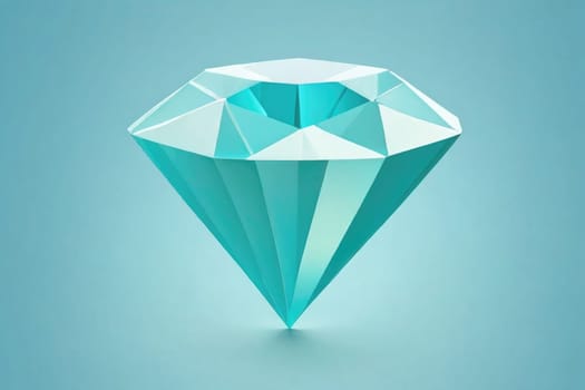 A beautifully crafted teal diamond glistens brightly, reflecting light in various angles. The design emphasizes its sharp facets and brilliant cut, set against a soothing light blue backdrop.