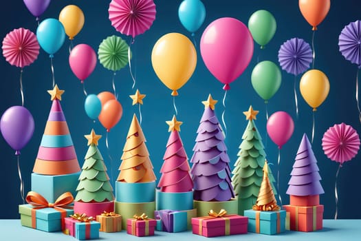 A colorful display of balloons and paper trees with a star on top. The balloons are in various colors and sizes, and the trees are made of paper. Scene is festive and celebratory
