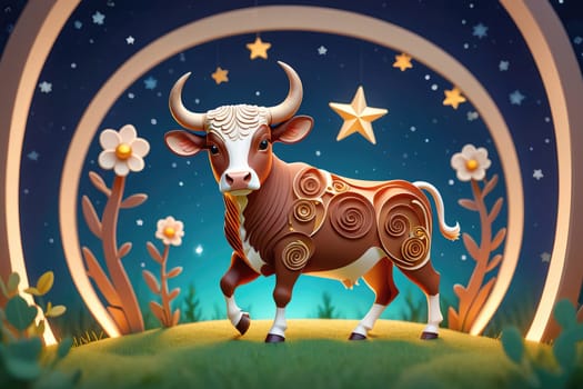 A brown cow stands gracefully within a colorful, whimsical landscape under a starry night sky. The cow features intricate swirls on its coat and is surrounded by vibrant flowers and stars, creating a magical atmosphere.