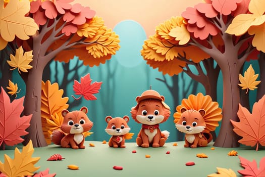 A group of cute woodland animals is gathered amidst a vibrant autumn forest. The characters include two playful squirrels and two cheerful foxes, surrounded by falling leaves of various hues, capturing the essence of the season as they enjoy each other's company.