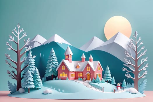 A charming paper cut artwork depicts a cozy house nestled in a winter landscape, surrounded by snow-covered trees and towering mountains. The sun shines brightly in a clear blue sky, enhancing the tranquil atmosphere of this whimsical scene.