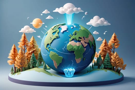 A vibrant three-dimensional depiction of Earth is surrounded by lush trees and playful clouds, complemented by celestial bodies in the background. Bright colors and dynamic elements suggest a harmonious balance between nature and the universe, emphasizing environmental themes.