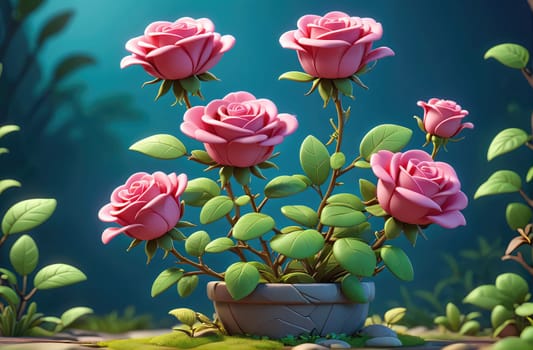 A vibrant display of pink roses is elegantly arranged in a decorative pot, surrounded by lush green leaves. The blossoms exude a sense of freshness as they gather sunlight in a tranquil garden environment, showcasing nature's beauty and artistry.
