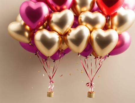 Heart-shaped balloons in vibrant colors float gracefully above small gift boxes, creating a festive atmosphere. This cheerful display is perfect for celebrating love and special occasions, bringing joy to any gathering.