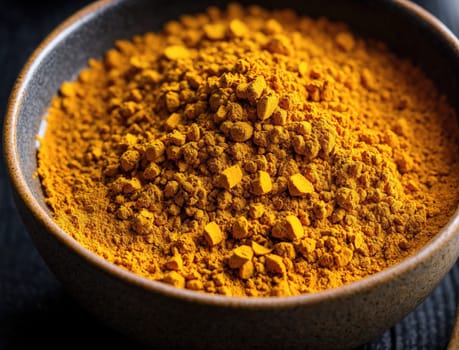 The vibrant yellow turmeric powder is artistically piled in a rustic bowl, showcasing its rich color and texture. The dark background enhances the natural beauty of the spice, highlighting its fine granules and earthy appeal. This setting is perfect for culinary inspiration or healthy cooking.