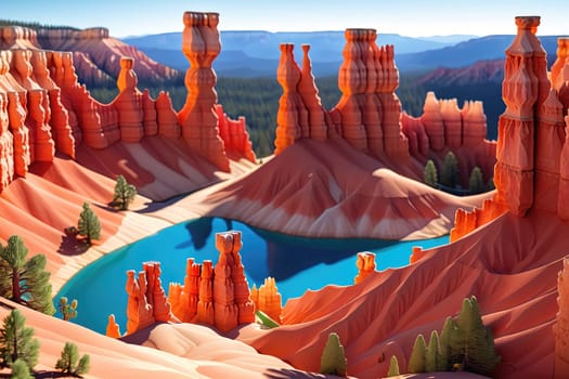 A breathtaking view of Bryce Canyon reveals stunning rock formations known as hoodoos, bathed in warm sunlight. The vibrant red and orange colors contrast beautifully with the serene blue water in the center, surrounded by lush green trees and distant mountains.